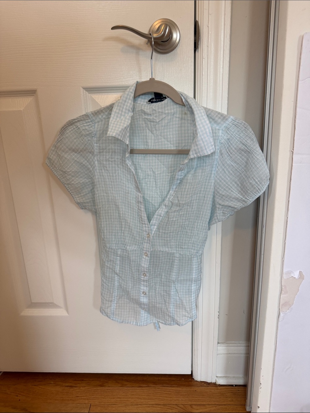 Light Blue Gingham Button-Front Blouse